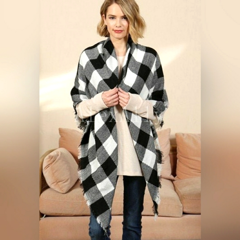 West Loop Black & White Wool Scarf, Plaid Winter Blanket One Size